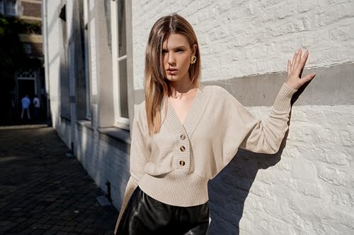 Image of ZAFUL Women V Neck Button Knit Crop Sweaters Batwing Sleeve V Back Ribbed Hem Pullover Sweater