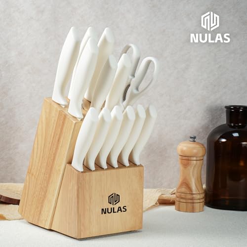 Image of 15-Piece Kitchen Knife Set with Block and Built-In Sharpener, Cream