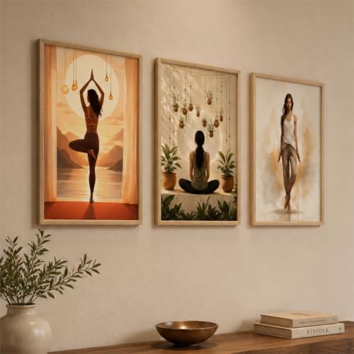 Image of Livin'luxe Set of 3 Yoga Meditation Women Wall Paintings for Living Room Bedroom Home Decor with Premium Wooden Color Synthetic Frame (13.5 x 19.5 Inch) NM03-65