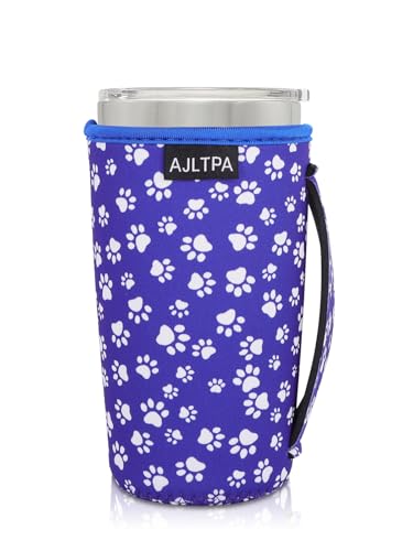 AJLTPA Neoprene Insulated Sleeves Cup Holder with Handle for 20oz Tumbler Cups, Reusable Iced Coffee Sleeve For 30oz - 32oz coffee cups(Paw Print)