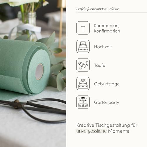 100%Mosel 100%Mosel Vlies Tischläufer, in Eukalyptus Grün (30 cm x 25 m), dekoratives Tischband, edle Tischdeko für Geburtstage & Hochzeiten, Bunte Dekoration zu besonderen Anlässen - Detailansicht 2 | Tischdekoration