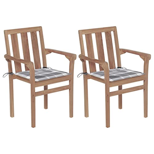 Genérico Sillas de jardín 2 uds Madera Teca con Cojines a Cuadros Gris,wenjingqiES-3062222