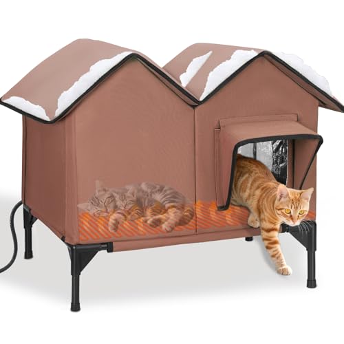Großes Beheiztes Katzenhaus Outdoor Winterfest Isoliert, weich und warm Katzenhöhle für draußen mit Fluchttüren und Heizungspolster, robuster...