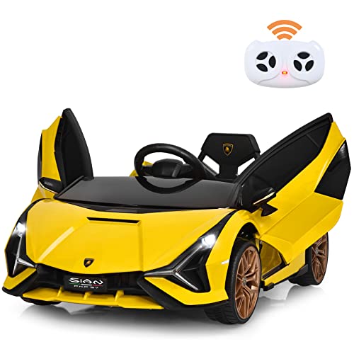 DREAMADE Lamborghini Voiture Électrique 12V pour Enfant avec 2 Vitesses et Télécommande à Distance, Voiture Électrique Enfant avec Lumières et Musique, Démarrage Lent pour 3-8 Ans (Jaune)