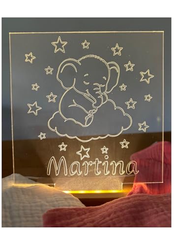The Nordic Elf Lámpara Infantil Personalizada con Nombre. Quitamiedos para habitación de bebé, decoración Nocturna para niños. Diferentes diseños de Animales. Regalo bebé, recién Nacido (1, Elefante)
