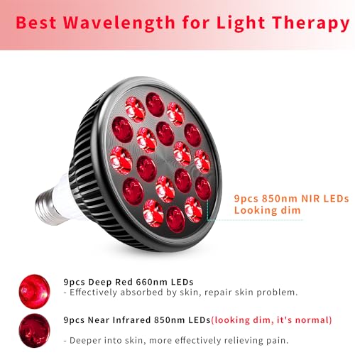 Image of wolezek Red Light Therapy Bulb, 660nm Red and 850nm Near Infrared LED | 18 LEDs with 60 Beam Angle, Standard E26 Base, Aluminum Housing, for Face & Body Care at Home