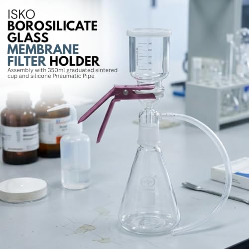 Image of ISKO Borosilicate glass Membrane Filter Holder Assembly with 350ml graduated sintered cup and silicone Pneumatic Pipe - 1000ml flask capacity B-40 Joint 47MM Filter (1 set)