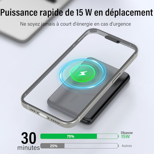 Batterie Externe Magnétique sans Fil 5000mAh Ultra-Mince for Mag-Safe sans Fil Charge, avec USB C 20W Filaire Charge Rapide Câble Détachable, Power Bank pour iPhone 16 15/14 13 12 Mini/Plus/Pro/Max – Image 3
