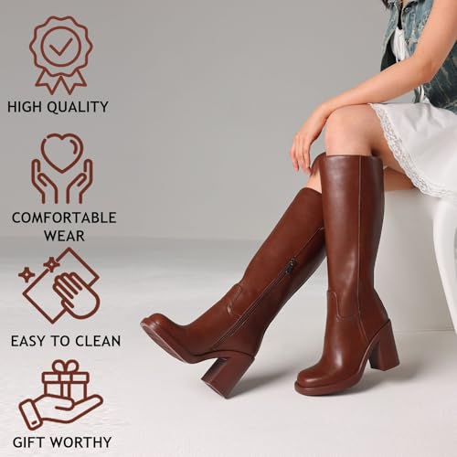CYNLLIO Knee High Boots Women Platform Gogo Boot Thigh High Wide Calf Botas w/ 3.54" Chunky Heel Square Toe Side Zipper4