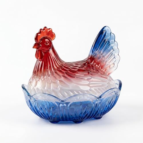 6.9" AIMINTSEN Glass Hen on Nest Candy Dish w/ Lid (Red/White/Blue) - image 1