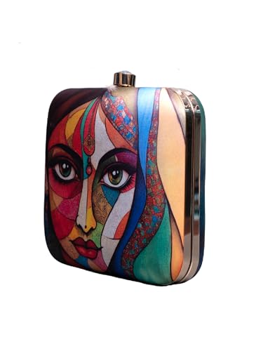 Image of Artklim Printed Box Clutch for Girls - Cross Body Purse with Detachable Golden Chain Strap