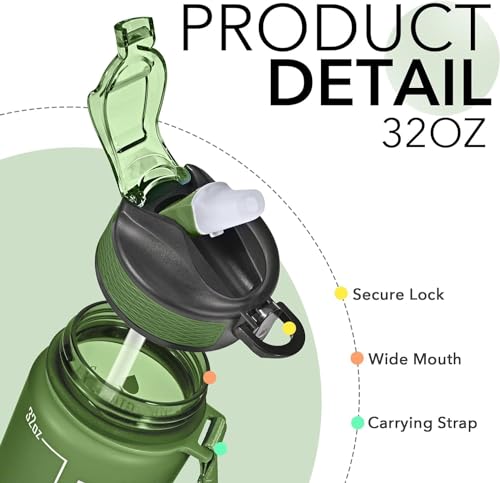 Image of TEKCOOL Motivational 1L Capacity Green Plastic Bottle with Straw | Leakproof, Durable, BPA-Free | Ideal for School /College /Office /Travel, Sports /Outdoor Activities'