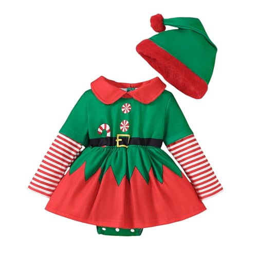 TAGVO Disfraz de Elfo de Navidad para Bebé, Vestido de Navidad para Bebé con Gorro, Vestido de Bebé Niña Conjunto de Disfraces de Navidad para Bebé 0-18 Meses