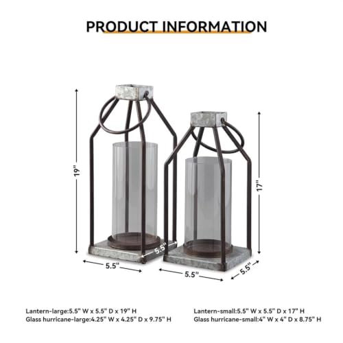 Signature Design by Ashley Diedrick Rustic Lantern, Set of 2, Indoor/Outdoor, Galvanized Metal, Antiqued Finish, Glass Shade, Holds 3 in. Pillar Candles (Not Included), 19" &17", Gray and Black - image 6