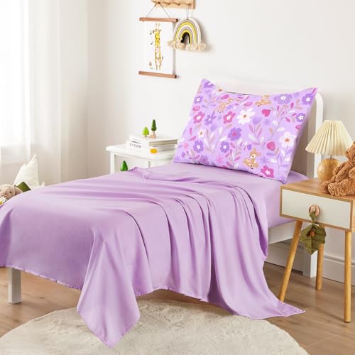 Image of Wake In Cloud - Floral Toddler Bedding Set for Girls, Cute Colorful Botanical Flowers with Deers, 4 Pieces Soft Crib Bed Set Including Comforter, Sheets and Pillowcase, Lavender