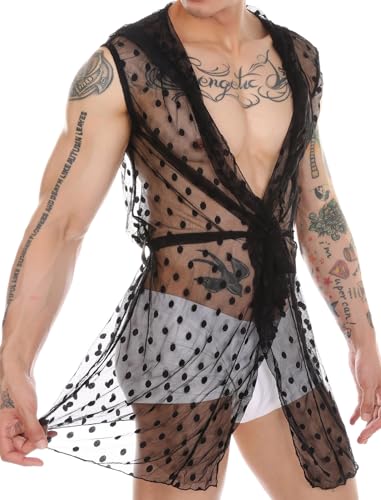 ABAFIP Men's Sissy Nightwear Hoodie Sheer Mesh Nightgown Polka Dot Kimono Tie Front Robe Crossdress Nightdress2