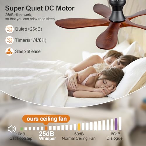 Image of 42 Inch Flush Mount Ceiling Fans with Lights and Remote, Dimmable 5 Blade Wood Outdoor Ceiling Fan Outdoor Fans for Patios Low Profile Modern Ceiling Fan with Light for Bedroom Living Room