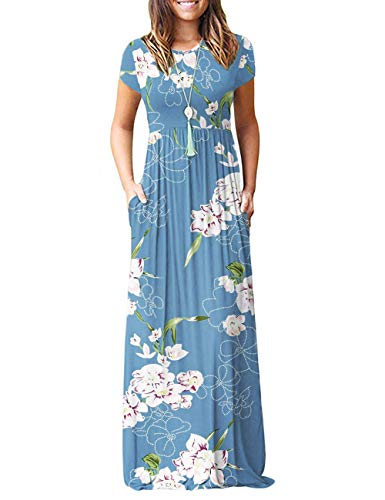 Image of MISFAY Women's Short Sleeve Maxi Dresses Long Casual Dresses with Pockets | Empire Elastic Waist, Crew Neck, Floor Length, Strentchy Flowy A Line Fit, Loose Plain Summer Outfits, Vacation Wear