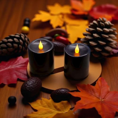 Image of Black Flameless LED Candles 3 inch Diameter Real Wax 2AA Battery Operated 600hr+ Flickering Candles with Timer Remote Control for Halloween Thanksgiving Christmas Indoor (Black, 3″x3″- 2 PCS)
