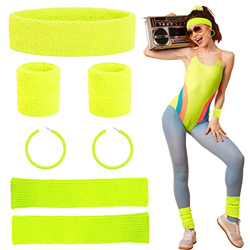 Beamely 80s Headband and Wristband Leg Warmers Party Set for Women and Girls 1980s Neon Fancy Dress Costumes Accessories with Earrings Sport Kit for 80s Retro Them Party Supplies Gym Sport(Yellow)