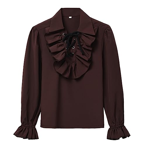 GRACEART Boy's Medieval Pirate Shirt Renaissance Costume Colonial Cosplay Ruffle Shirt Lapel Collar Lace Up Tops Kids Blouse Brown