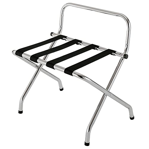 USTECH Luggage Rack-Single Tier with High Back, Chrome, Fully Asssembled, Foldable Rack for Guest Room