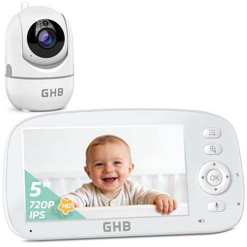GHB Baby Monitor Video e Audio 5'' 720P Schermo 5000mAh, 350°/110°, Rilevamento della Temperatura, VOX, Interfono Bidirezionale, Ninnenanne Integrate