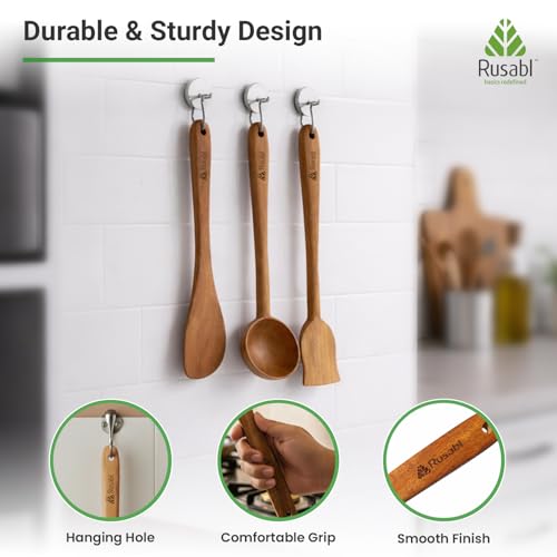 Image of Rusabl Pack of 3 Neem Wood Spatula, Ladle & Palta with Comfortable Grip | Seamless Design for Non Stick Cookware for Cooking, Baking, Mixing