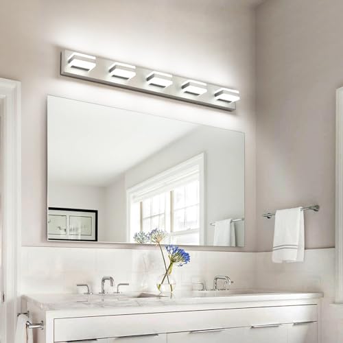 Image of SOLFART 5 Light Bathroom Vanity Light Brushed Nickel Bathroom Vanity Light Fixtures Over Mirror Led Lights for Restroom Nickel ETL Listed