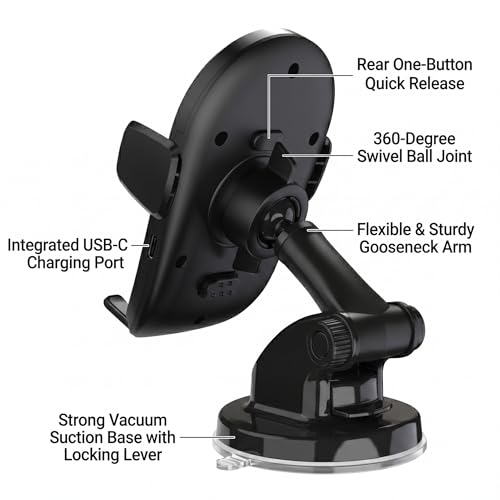 Image of Car Mobile Holder | Dashboard and Windshield Mount | Flexible Gooseneck Arm with 360 Rotation | Motorized Clamping Status Screen | Pack of 1