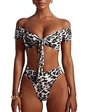 PRETTYGARDEN Women's Two Pieces Leopard Print Knot Front Crop Off-Shoulder High Cut Bandeau Bikini Sets Bathing Suit (Black,Small)