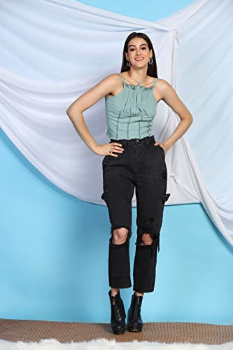 Image of Leriya Fashion Women's & Girls' Solid Square Neck Ribbed /Knitted Sleeveless Stretchable Slim Fit Crop Tank Top