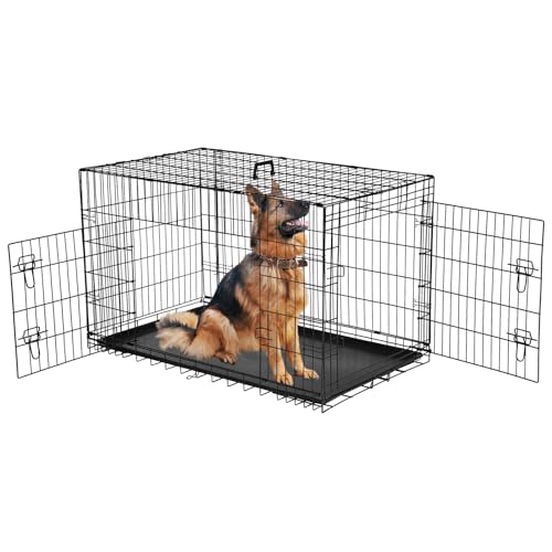 Dog Crate, 42 Inch Large Wire Kennel with Divider Panel, Metal Cages with Double Door, Leak-Proof Pan Tray, Folding Portable for Indoor Outdoor Travel