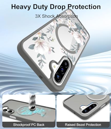Image of VONZEE Compatible with Samsung Galaxy A36 5G Case Luxury Retro Flowers Floral Clear for Magnetic Wireless Charging Case Shockproof Case PC+TPU Cute Glossy Shiny Cover for Girls Women, Grey