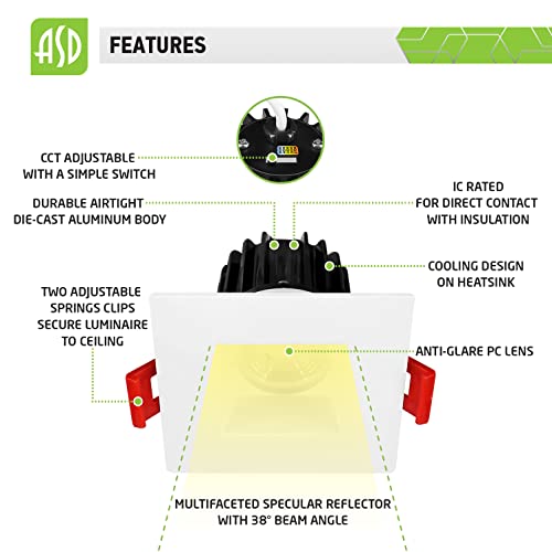Asd 2 Inch Led Recessed Lighting With Junction Box, 8W 600 Lumens, Dimmable Anti-Glare Downlight, 2700K/3000K/3500K/4000K/5000K Selectable, Cri 90+, Square White Trim, Ic Rated, Etl, Energy Star #TOP3