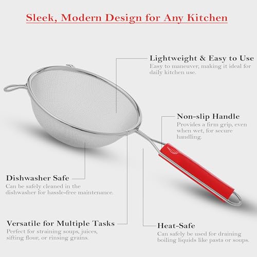 Image of Unify 1 Pieces Stainless Steel Soup & Juice Strainer /Liquid Filter for Kitchen Use, Large Soup Chalni with Red Handle, Rice & Juice Use (Size-6, Dia-16cm, Set of 1, Silver)
