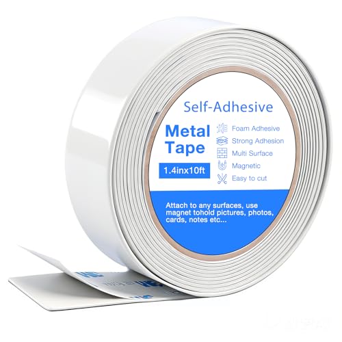 NIUBIKLUS Bendable Metal Tape for Magnets, (1.4'' Wide x 10 ft Long) Flexible Metal Strips Roll, Ferrous Tape Stick on Wall to Hold Magnetic Products