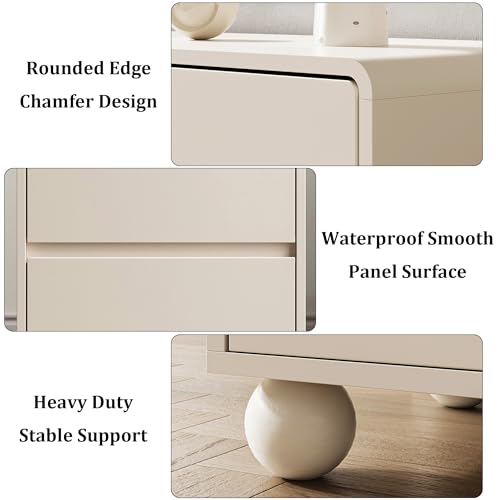 Image of MAISONARIA Curved Nightstand Set of 2, Modern Nightstand with 2 Large Storage Drawers, Wooden Endside Table for Bedroom, Beige