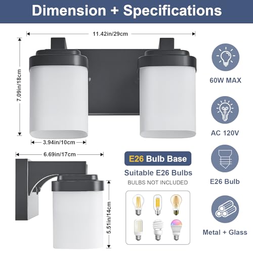 Image of 10 Inches Bathroom Vanity Light, 2-Light Black Bathroom Light Fixtures Over Mirror, Bathroom Light Shower Lamp with Milky White Square Glass Shade, Modern Farmhouse Lighting Fixtures