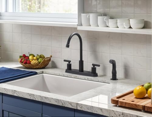 COMLLEN 2 Handle Kitchen Sink Faucet with Side Sprayer, 3 or 4 Hole Black Stainless Steel Kitchen Faucet for Rv Camper Laundry Utility Bar Sinks, Matte Black Kitchen Faucet COM-TGT088B-F by Comllen - Used condition - Image 7