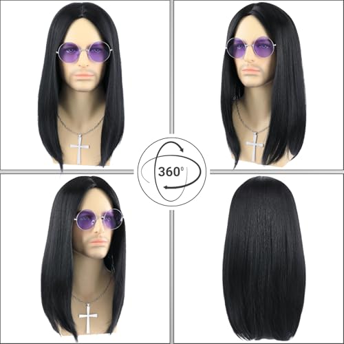 morvally Long Black Straight 80s Heavy Metal Rocker Wig for Men - Center Parting Natural Synthetic Hair Wigs Including Cross Necklace and Glasses for Halloween Costume (Black)2