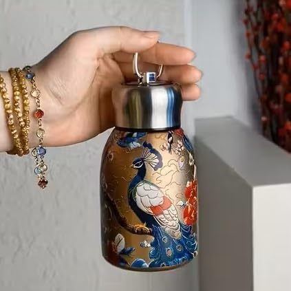 Image of Mini Vacuum Insulated Water Bottle 300 ml, Double Wall Stainless Steel Thermal Flask with Decorative Peacock Print, Compact Travel Mug for Office, Gym, School, Hiking and Daily Carry