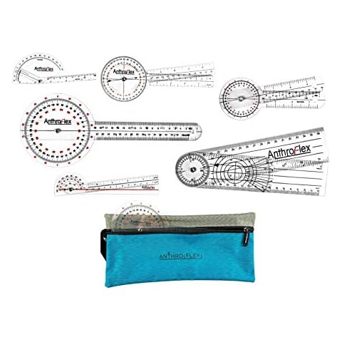 AnthroFlex Goniometer Set of 6 with Bag : 12", 8", 6", 180, Finger, Spinal - To Measure Range of Motion of Joints For Physical Therapy and Occupational Therapy - CM and Inches, Made of Durable Plastic Cover