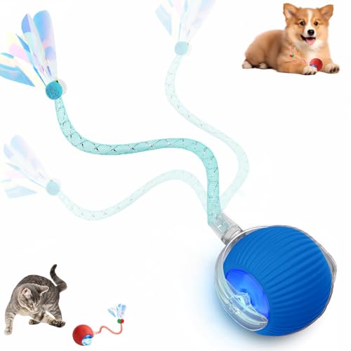 Supore Pallina Interattiva per Gatti, Giochi per Gatti Interattivi in Casa, Pallina Gatto Automatica Rotolante con Coda di Lucido, Intelligenti Giocattolo Palla per Cani e Gatto (Blu)