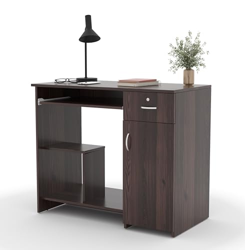 Image of 45x90x76CM Engineered Wood Study & Office Table with Drawer, Cabinet Storage & Keyboard Tray | Sturdy, Foldable DIY Multipurpose Table- Wenge