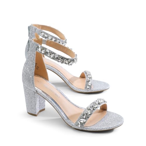 DREAM PAIRS DREAM PAIRS Women's Chunk Low Heel Pump Sandals,Size 8.5,Silver-Glitter,CHUNK