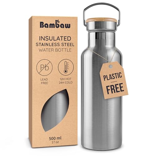 Bambaw Metal Insulated Water Bottle 16 oz, Stainless Steel Water Bottle Insulated, Reusable, Keeps Drinks Cold for 24h Cold & Hot for 12h, With Wide Mouth That Fits Tea Balls (Natural Steel)