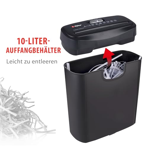Alpina Aktenvernichter – Papiershredder für Zuhause und Büro – Shredder Zerstört Kreditkarten – Zerkleinern Sie 6 A4-Blätter auf Einmal - 10L Behälter – 190W Leistung – Schwarz