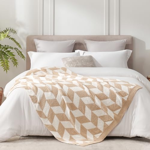 Image of Snuggle Sac Chevron Throw Blanket for Couch, Reversible Super Soft Warm Blankets Cozy Knit Fuzzy Plush Lightweight Throws for Sofa, Bed, Camping, Beige,50x60 inches