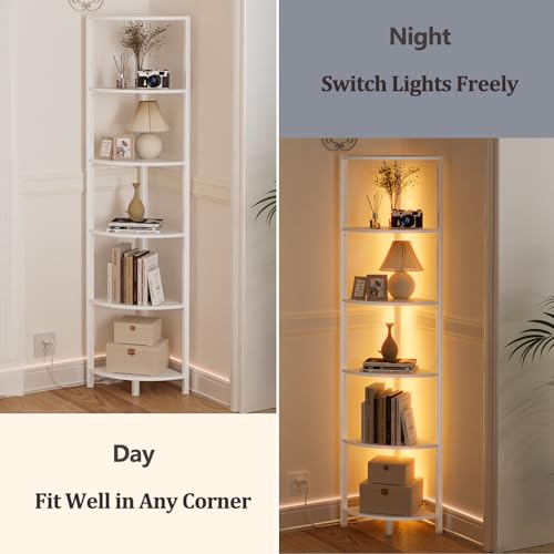 Image of Furnulem 6 Tier Corner Shelf with LED Light, 67.5 inch Tall Standing Shelf Organizer, White Narrow Bookshelf with Storage Rack for Wall Corner, Living Room, Bedroom, Metal Frame, Wood Display Shelf